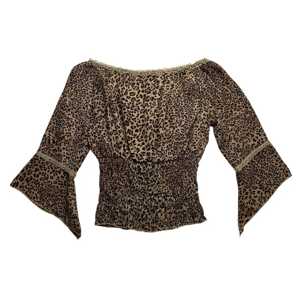 Piano Vintage Y2K Cheetah Print Mobwife Renaissance Smocked Bell Sleeve Top SZ M - Picture 2 of 12